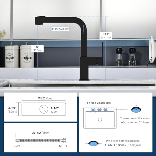 APPASO Black Square Kitchen Faucet, 20 Inch Pull Down Kitchen Faucets with Sprayer, Stainless Steel Sink Faucet, Single Handle Matte Black Kitchen Faucet for Sink, with Square Deck Plate by APPASO - Used condition - Image 4