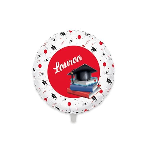 Pallone di LAUREA per il LAUREATO o LAUREATA - Rosso, Bianco e Nero con disegno di Tocco e Libri - PALLONCINO in foil Mylar - 45CM - gonfiabile ad aria o elio - FORNITO SGONFIO
