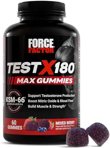 Force Factor Test X180 Max Gummies, Testosterone Booster Supplement for Men, with KSM-66 Ashwagandha to Support T Levels, Strength & Vitality, Mixed Berry, 60 Gummies