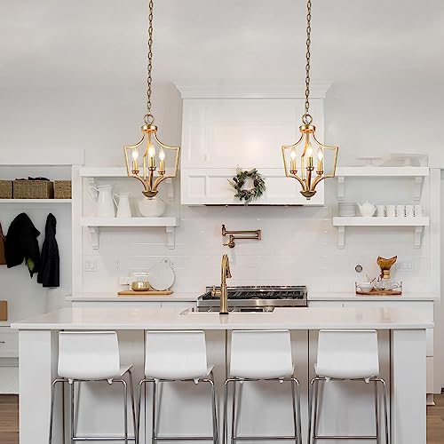 Image of KSANA Gold Pendant Lights Kitchen Island, 3-Light Small Modern Farmhouse Pendant Lighting, 11'' Geometric Lantern Pendant Chandeliers Light Fixture for Dining Room, Bedroom, Entryway