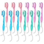 VEGCOO 12 Pack Disposable Toothbrushes with Toothpaste, 5-in-1 Mini Brush with Toothpaste, Tongue Scraper, Floss, Toothpick, Portable Travel Toothbrush Set Individually Wrapped