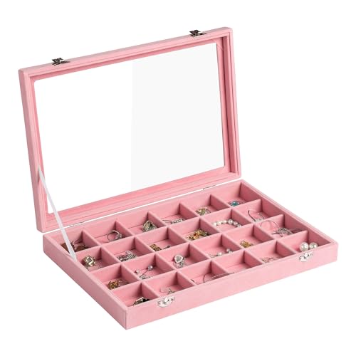 Frebeauty 24 Grid Jewelry Tray with Clear Lid, Velvet Earring Organizer