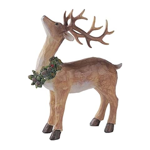 Christmas Deer with Pine Wood Carving Figurine, Christmas Reindeer Figurine with LED Lights for Christmas Decorations for Home  (Reindeer Figurine) Cover