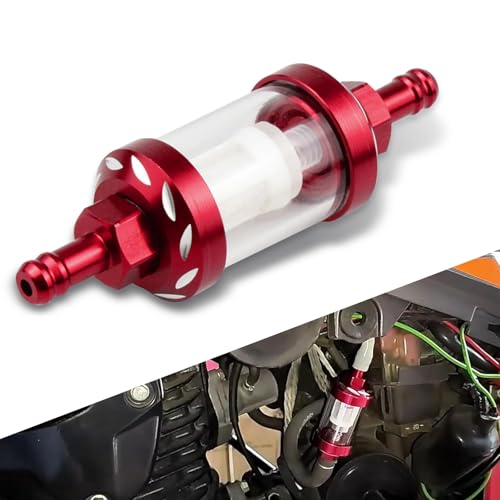 Ajxn 1 PC Motorcycle Inline Fuel Filter, 3.62" x 1.1" High Efficiency Filtration Boost Power Oil Filter Cup, Tempered Glass Transparent Visible Oil Level Filter, Universal for Motorcycles (Red)