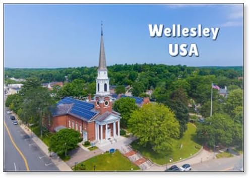 Vista aerea della chiesa congregazionale di Wellesley e Central Street nel centro di Wellesley, Massachusetts, MA, USA, design 1, magnete da frigorifero