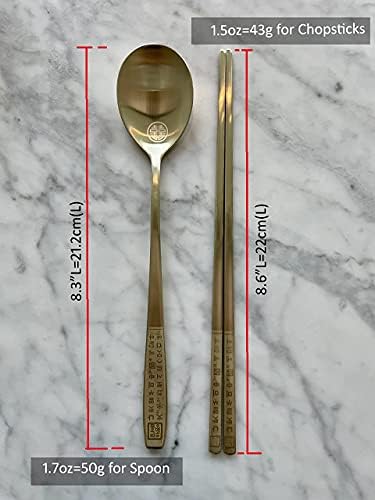 cozymomdeco Korean Made Chopsticks Spoon Set 18-10 Stainless Steel Engraved Hangul Characters Gold Color, 1SET