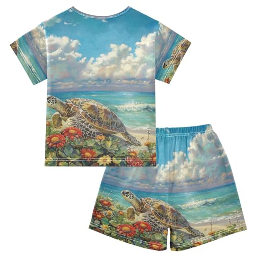 ALAZA Turtle Flowers Beach Pajama Set Short Sleeve Sleepwear Soft Lounge Nightwear2