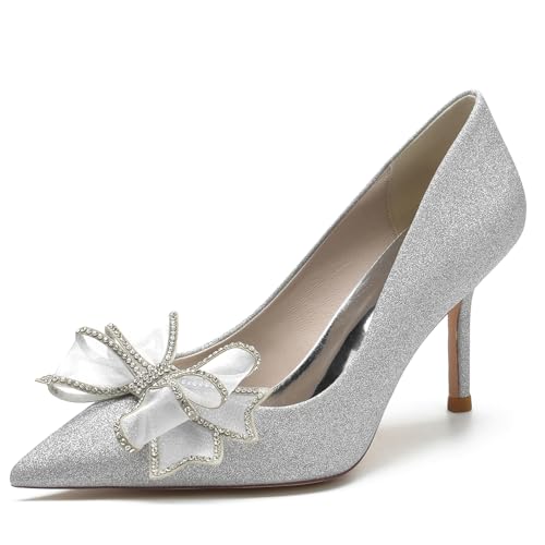 Women Elegant Pointed Toe Stilettos High Heel Pump Slip On Rhinestones Flower Mesh Bridal Wedding Party Dress Shoes