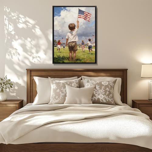 Image of American Flag Framed Canvas Wall Art, 4th of July Canvas Prints, Boy Holding USA Flag Patriotic Decorations, Modern Independence Day Wall Decor for Living Room Kids Room Dining Room Office 6x8