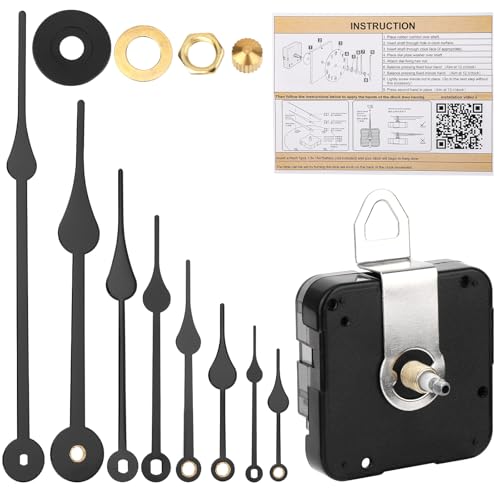BTFO 12888 Quartz Clock Movement Replacement, 23/32 Inch Shaft Battery Operated Clock Mechanism Replacement DIY Repair Kit with 4 Sets Hands