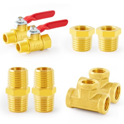 ChillWaves 1/4" NPT Brass Pipe Fitting Kit, 2 × Ball Valve，2 × Hex Bushing，2 × Hex Nipple，2 × Tee，Air Hose Fiting Kit Thread Adapter(8-PACK)