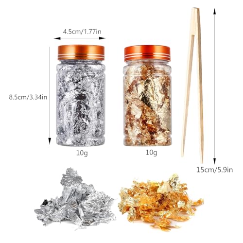 Lwuey Gold Flakes for Resin, 2 Bottles 10g Imitation Golden Foil Gilding Flake Metallic Leaf for Cake Decoration Chocolate Making Nails Painting Art Crafts with Bamboo Tweezers (Gold, Silver Colors)