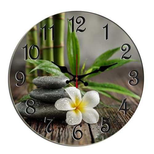 Horienteeon Horloge murale en bambou avec fleur d'orchidée Zen - Méditation Yoga Spa - Silencieuse - Sans tic-tac - Horloge décorative à piles - 30,5 cm
