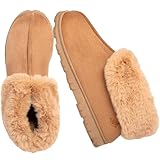 EUROPEAN SOFTEST Women's Micro Suede Faux Fur Fleece Lined Cozy 80-D High-Density Memory Foam Slipper Bootie Breathable House Shoes with Non Skid Indoor Outdoor Sole Camel