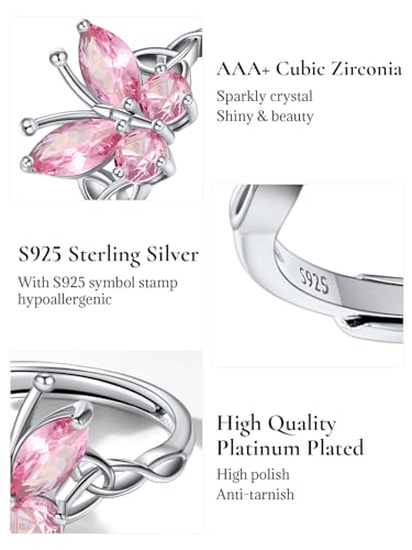 Statement Pink Ring Sterling Silver Celtic Knot Design Luxury CZ Crystal Butterfly Ring Stackable - Thumbnail 5