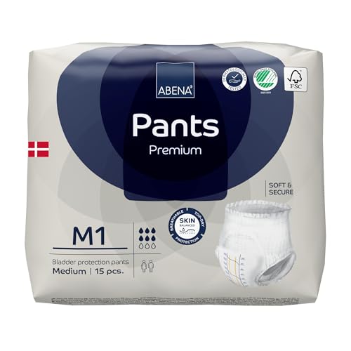 Abena Pants Premium Inkontinenzhose zum Hochziehen, Eco-Labelled Inkontinenzhose für Männer und Frauen, diskret, schützend, atmungsaktiv, bequem, Größe M 1, Taille 80-110 cm, Saugfähigkeit 1400 ml, 15