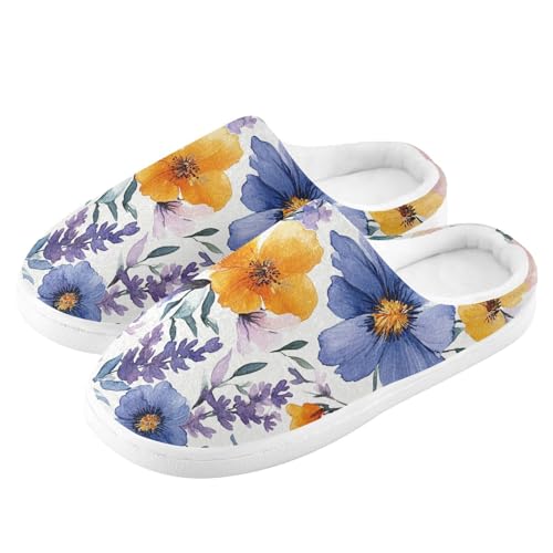 JUNZAN Spring Flowers Lavender Carnation Iris White Womens Cotton House Slippers Lightweight Memory Foam Indoor Shoes for Hospital Funny Presents 6-74