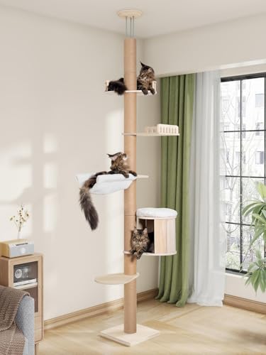 Aechonow Tall Floor to Ceiling Cat Tree for Large Cats, Cat Tower with Scratching Post, Adjustable Height(82-122 in), Large Condo Cave Bed and Hammock for Indoor Cats, Cat Climbing Pole, Wood