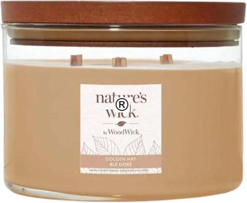Image of Nature's Wick Golden Hay 3 Wick Candle | Rich & Earthy Fragrance Evokes Feelings of Peace & Tranquility | Patented Crackling Sound Like a Winter Log Fire | Large Jar, 65 Hour Burn Time, 433g