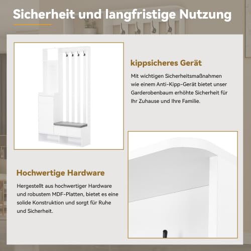Flurgarderobe Garderobenset Garderobe Stecktafel mit Sitzbank & Stecktafel - Weiß, Schuhschrank Multifunktional mit 4 Haken & gepolsterter Bank, schmale 100 cm Breite für Eingangsbereich & Waschküche