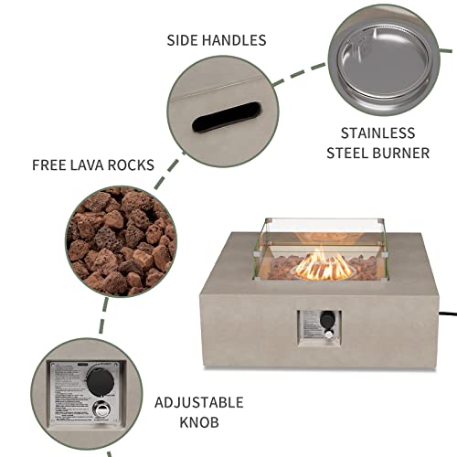 Cosiest 35-Inch Square Outdoor Sandstone Propane Fire Pit W Wind Guard And Side Table, 50,000 Btu Stainless Steel Burner, Free Lava Rocks And Rain Cover, Metal Lid(Gray) #TOP2