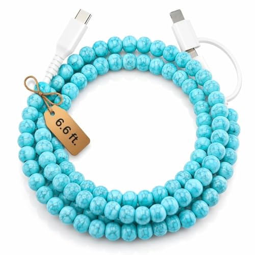 Image of Stylish Beaded Phone Charger Cable Colors USB Charging Cord for Smartphones (2-1 to USB C, Turquoise, 6.6ft)