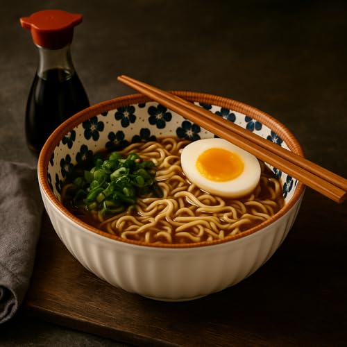 Image of YELONA Japanese Style Ceramic Dinnerware Set of 6 (4 Bowls + 2 Plates) | 11.5cm 300ml Bowls & 20.5cm Floral Design Plates | Microwave Safe & Dishwasher Safe | Rustic Modern Kitchen Crockery