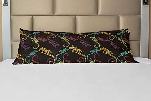 Ambesonne Gecko Body Pillow Case Cover With Zipper, Abstract Reptiles Composition Of Lizards With Motifs On Brown Toned Background, Decorative Accent Long Pillowcase, 21" X 54", Yellow Black #TOP8