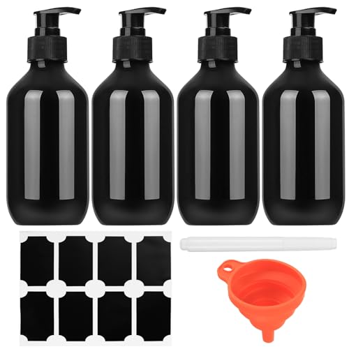 4 Pz Bottiglie Vuote Pompa a Pressione, 300 ml Dispenser Contenitore di Sapone Plastica per Shampoo Lozioni Bagno Cucina, con Etichetta Penna Imbuto (nero)