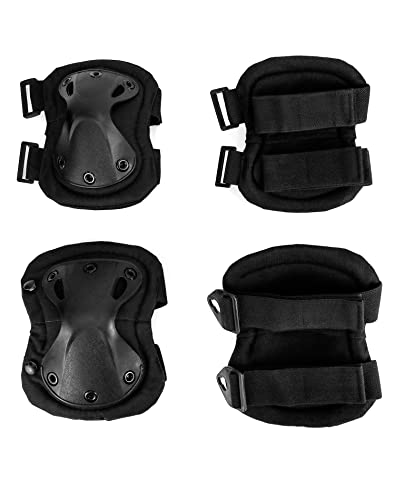 Qwork Military Tactical Multicam Knee And Elbow Pads, Outdoor Sports Safety Gear, Adjustable Shoulder Straps Gel Pads, Black #TOP7