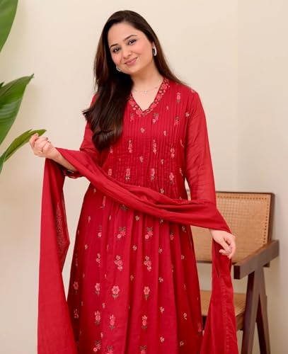 Image of KLOSIA Women Embroidery Solid Anarkali Kurta and Pant Set with Dupatta|Silk|Regular Fit