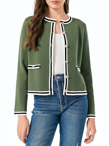 Image of Saodimallsu Womens Cropped Cardigans Crew Neck Color Block Button Down Long Sleeve Fall Knit Sweater Jackets