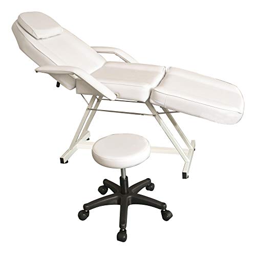 Qivange Kosmetikliege Professionelle Massageliege Verstellbare Armlehnen und Kopfstütze Massage Couch für Schönheit Salon Tätowierung Therapie, mit Massagehocker, Cremeweiß Cover