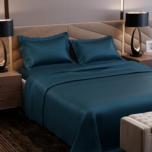 Image of Stoa Paris 350TC Luxstre Cotton Super King Flat Bedding Set for King & Double Size Beds with 2 Pillow Covers, 274cm x 274 cm Bedsheet, All-Season Comfort, Breathable, Home Decor, Panache - Teal