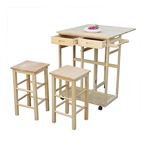 bigbao Kitchen&Dining Room Cart,Small Kitchen Table with Rolling Casters,Dining Table Set with Folding Drop Leaf 2 Drawers, Small Kitchen Table Set for 2 Square Stools, Burlywood bigbao Kitchen&Dining Room Cart,Small Kitchen Table with Rolling Casters,Dining Table Set with Folding Drop Leaf 2 Drawers, Small Kitchen Table Set for 2 Square Stools, Burlywood