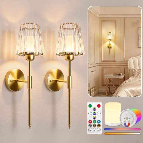 Image of Adetu 19.3 Inch Crystal Battery Operated Wall Sconces Set of 2 | 10000mAh Magnetic Bulbs, 5%-100% Dimmable, RGB Rechargeable Battery Wall Sconce with Remote Control for Bedroom Decor