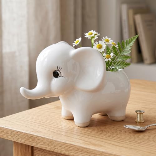 Image of Ceramic Elephant Succulent Planter Pots - Set of 2, White Decorative Flower Vases for Indoor Home Decor, Office Desk, Living Room & Gifting - Cute Animal Shape Pots for Small Plants
