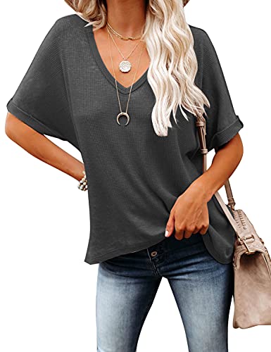luvamia Womens Casual Short Sleeve Waffle Knit Shirts V Neck Blouse Loose Summer Tunic Tops Dark Grey Size XX-Large