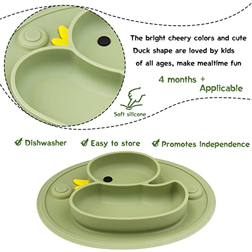 Baby Divided Plate Placemat Silicone- Portable Non Slip Child Feeding Suction Plate For Children Babies And Kids Bpa Free Baby Dinner Plate Microwave Dishwasher Safe (Duck-Endive) #TOP1