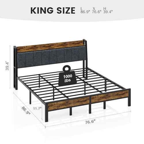 Image of Liians King Size Bed Frame with Charging Station, Storage Headboard Smart LED Lights, Metal Platform Bed Frame with USB Ports, Noise Free, No Box Spring Needed, Easy Assembly