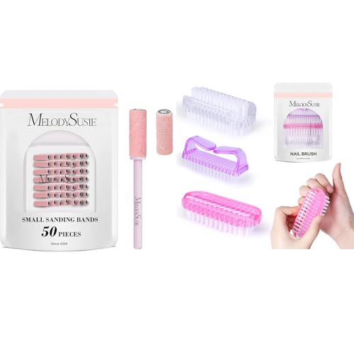 MelodySusie 50 Pcs Nail Drill Bits Small Sanding Bands with 3.1mm Mandrel Bit with All in One Nail Brush Set