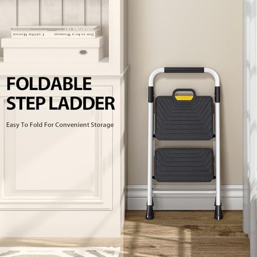 TOOLF 2 Step Ladder, Sturdy Steel Step Stool with Anti-Slip Wide Pedals, Handrail, Safe-Lock Design, Folding Portable Ladder for Multi-Purpose, Home, Kitchen, Pass 800lbs Load Testing, White by TOOLF - Image 7