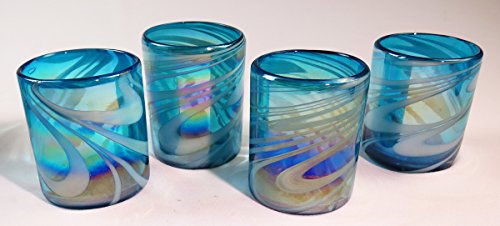 Mexican Glass Hand Blown, Turquoise & White Iridescent Swirl, Set Of 6 #TOP4