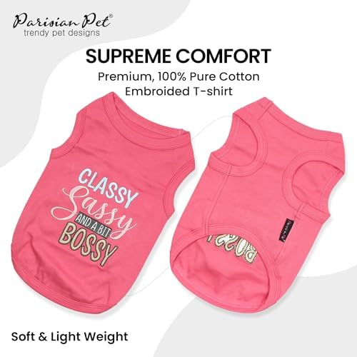Parisian Pet Dog T-Shirt with Embroidered 'Classy, Sassy and Bit Bossy' Words - 100% Cotton, Pink Dog Shirt - Cute Pet Vest - Machine Washable Dog Clothes for Medium-Sized Dogs - M - 1