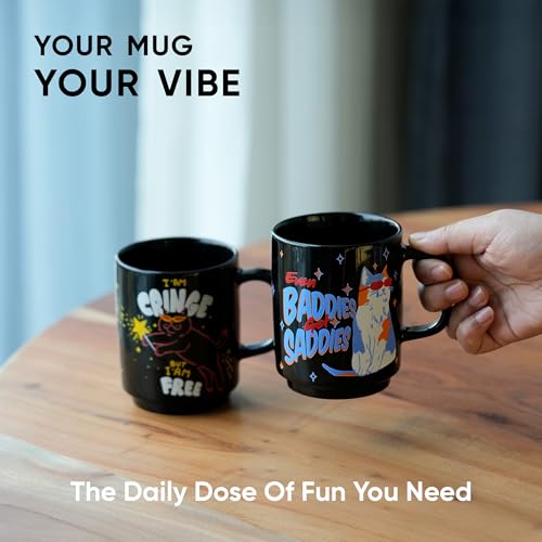 Image of Shay Ceramic Mug, 2 Pc, Cringe & Baddies, 300ml | Glossy Finish | Ceramic Coffee Cup | Porcelain | Microwave Safe (Rise Mug - 2Pc - Cringe & Baddies)
