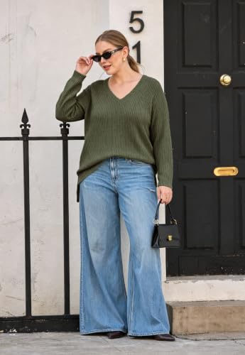 Image of RITERA Plus Size Women Sweaters Waffle Knit Pullover Top Long Sleeve Casual Crewneck Shirt Loose Split Hem Fall Winter Blouse