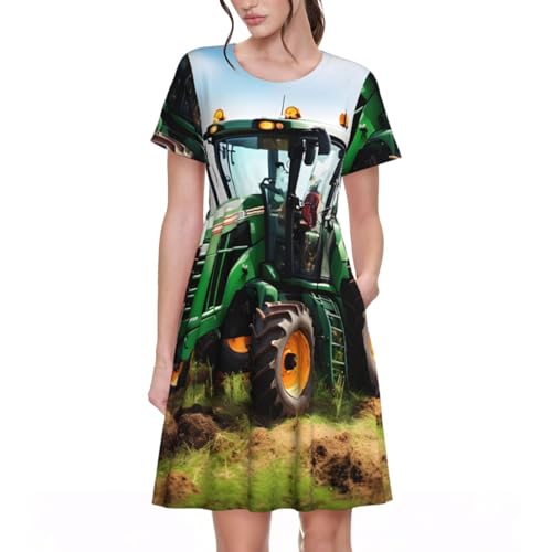 EdWal Company Farm - Vestido de verano para mujer, diseño floral, manga corta, cuello redondo, acampanado, vestido midi de verano, Negro, XXL