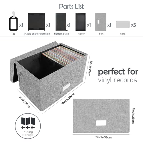 Woodoulogy Vinyl Record Storage Box for 7\"/45 RPM LPs, Grey Case with Lid Holds up to 80 Albums, CD Crate Play Music Collection Holder, Collapsible File Folder Cabinet Organizer with Handle