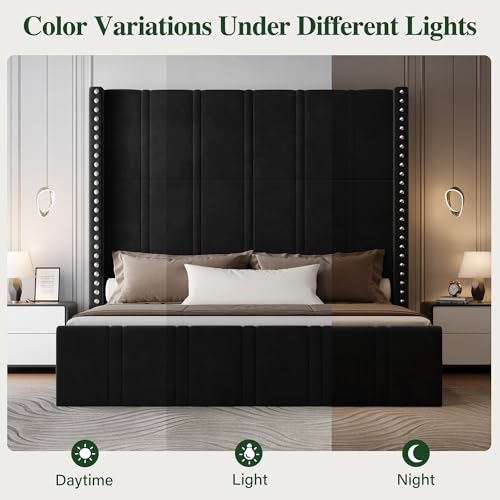 Uteeran King Size Bed Frame with 65.75" Tall Headboard, Luxury Velvet Upholstered Platform Bed with Storage Pockets, Wide Wingback Design, Noise-Free, Easy Assembly, No Box Spring Needed, Black - Image 10
