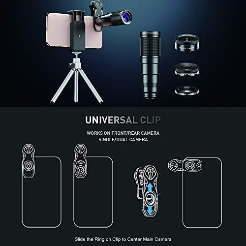 Diagram showing how to attach the universal clip and lens to a smartphone, including alignment for single and multi-camera phones.